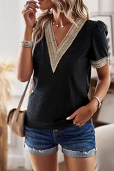 V-Ausschnitt Patchwork Kurzarm Casual Tops